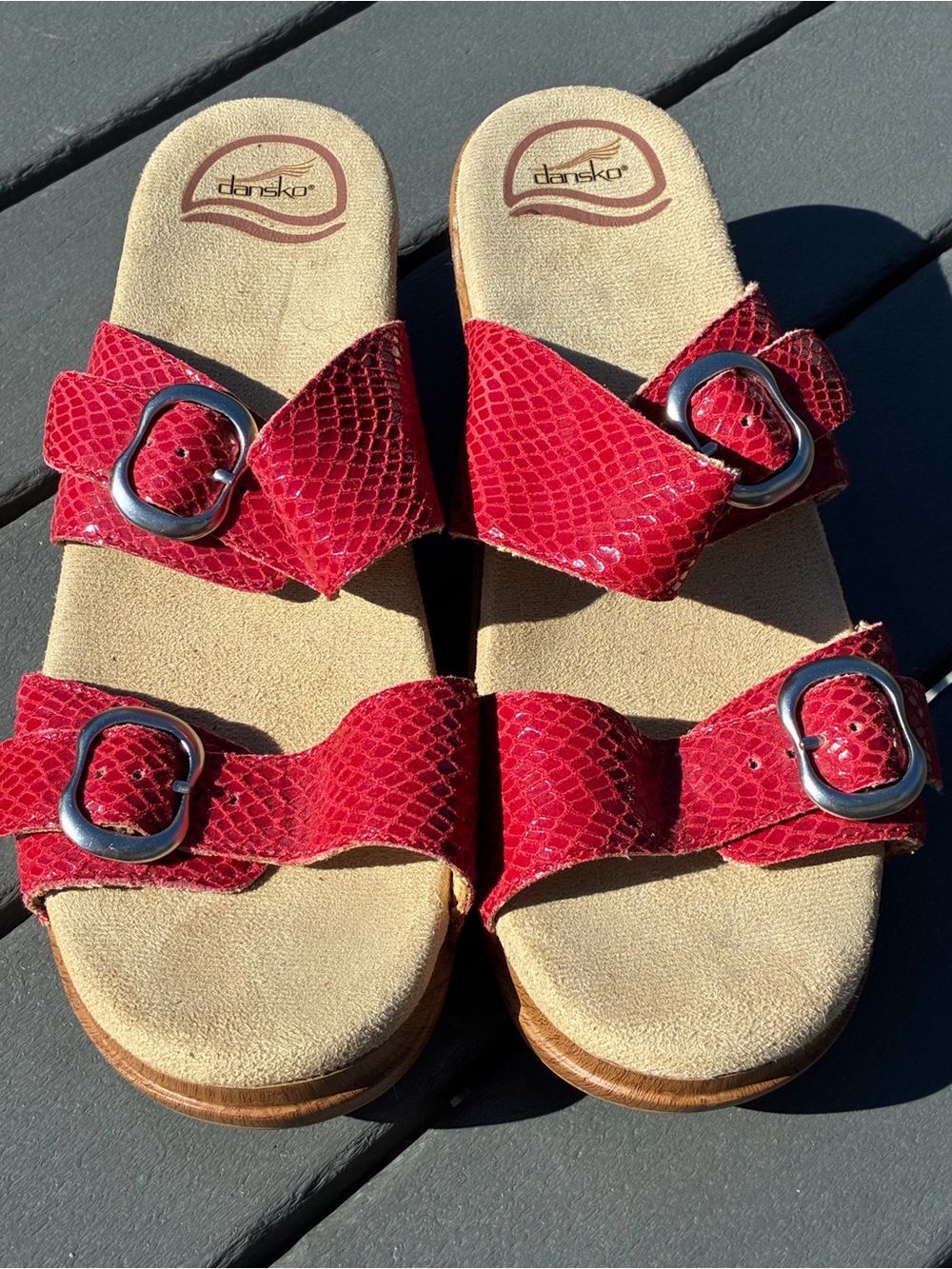 Dansko Red Snake-Embossed Double Buckle Slide Sandals